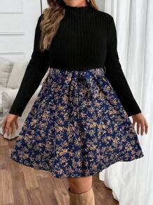 SHEIN VCAY Plus Size Apricot Knit Long Sleeve Stand Collar Patchwork Ditsy Floral Dress, Versatile & Casual Bohemian Style For Autumn/Winter