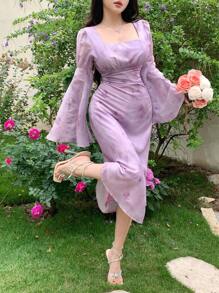 DAZY Spring New Arrival Valentine's Day Plant Print Waist Cinched Sundress, Muse Dress, Vacation Style For Women Floral Elegant,Fall Dress Long Sleeve Dress - Purple - View 4