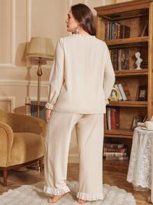 PalaceNights Plus Size Embroidered Patchwork Button Front Ruffle Collar Long Sleeve Top & Pants Sleepwear Set, Fall Winter Clothes - Apricot - View 2