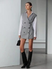 SHEIN Privé Sleeveless Double-Breasted Plaid Mini Dress, Suitable For Valentine's Day & Spring Fall Cloth For Women - Grey - View 1
