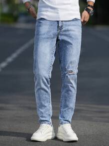 Manfinity Homme Men's Simple Ripped Pocket Denim Jeans, Casual Daily Wear - Blue - View 6