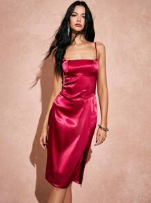 Poéselle 红色女士连衣裙，情人节连衣裙，红色缎面连衣裙，情人节服装，优雅女士连衣裙，派对女士连衣裙，女士简约时尚中长连衣裙，日常穿着，适合日常穿着，外出，约会，派对，除夕服装，晚宴 - 紅色 - 查看 7