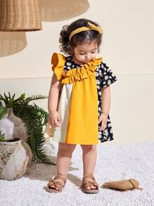 SHEIN Leap Crew Summer Cute Colorblock Ditsy Floral Ruffle Hem Dress For Baby Girl - Yellow - View 4