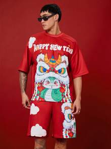 Manfinity Unisex 2pcs/Set Streetwear Relaxed Dropped Shoulder Crew Neck Short Sleeve T-Shirt And Straight Leg Mid-Waist Shorts, Happy New Year Blessing And Lion Design Print For Chinese New Year