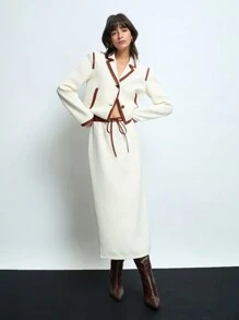 Maija 女士秋季修身翻领单排扣短夹克，节日 - 杏色 - 查看 4