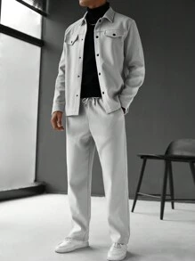 Manfinity Homme 男士灰色休闲夹克和裤子套装，秋季纯色前扣长袖夹克和长款配件套装面料男士两件套服装全套服装男士，秋季服装 - 淺灰色 - 查看 2