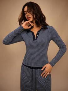 Forever 21 F21 Women's Striped Casual Lapel T-Shirt - Blue - View 5