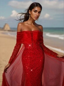 Glamrae Elegant Red Luxurious Three-Dimensional Sequined One-Shoulder Mesh Long-Sleeved Fishtail-Shaped Back Panel With Extra-Large Floating Panels And Tail New Year's Eve Lady's Heavy-Duty Dinner Dress - Red - View 1