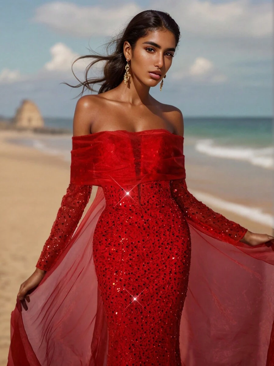 Glamrae Elegant Red Luxurious Three-Dimensional Sequined One-Shoulder Mesh Long-Sleeved Fishtail-Shaped Back Panel With Extra-Large Floating Panels And Tail New Year's Eve Lady's Heavy-Duty Dinner Dress - Red - View 1