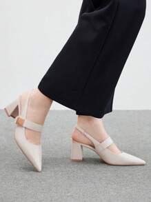 CUCCOO BIZCHIC Sandalias de tacón alto grueso y puntera puntiaguda, cómodas y de moda, con hebilla cuadrada de color marfil - Beis - Ver 5