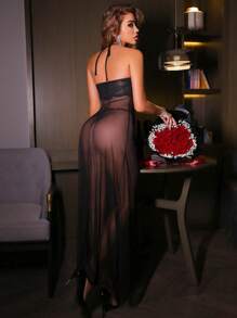 Seduluxe 2 piezas Vestido camisón de lencería para mujer con encaje floral romántico, elegante y sexy, malla translúcida y lazo grande, color negro