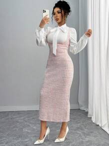 Selianne 优雅时尚法式白领系带长款吊带裙女两件套，秋冬 - 彩色 - 查看 5