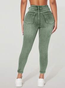SHEIN PETITE Casual Distressed Vintage Slim Fit Denim Pants - Army Green - View 2