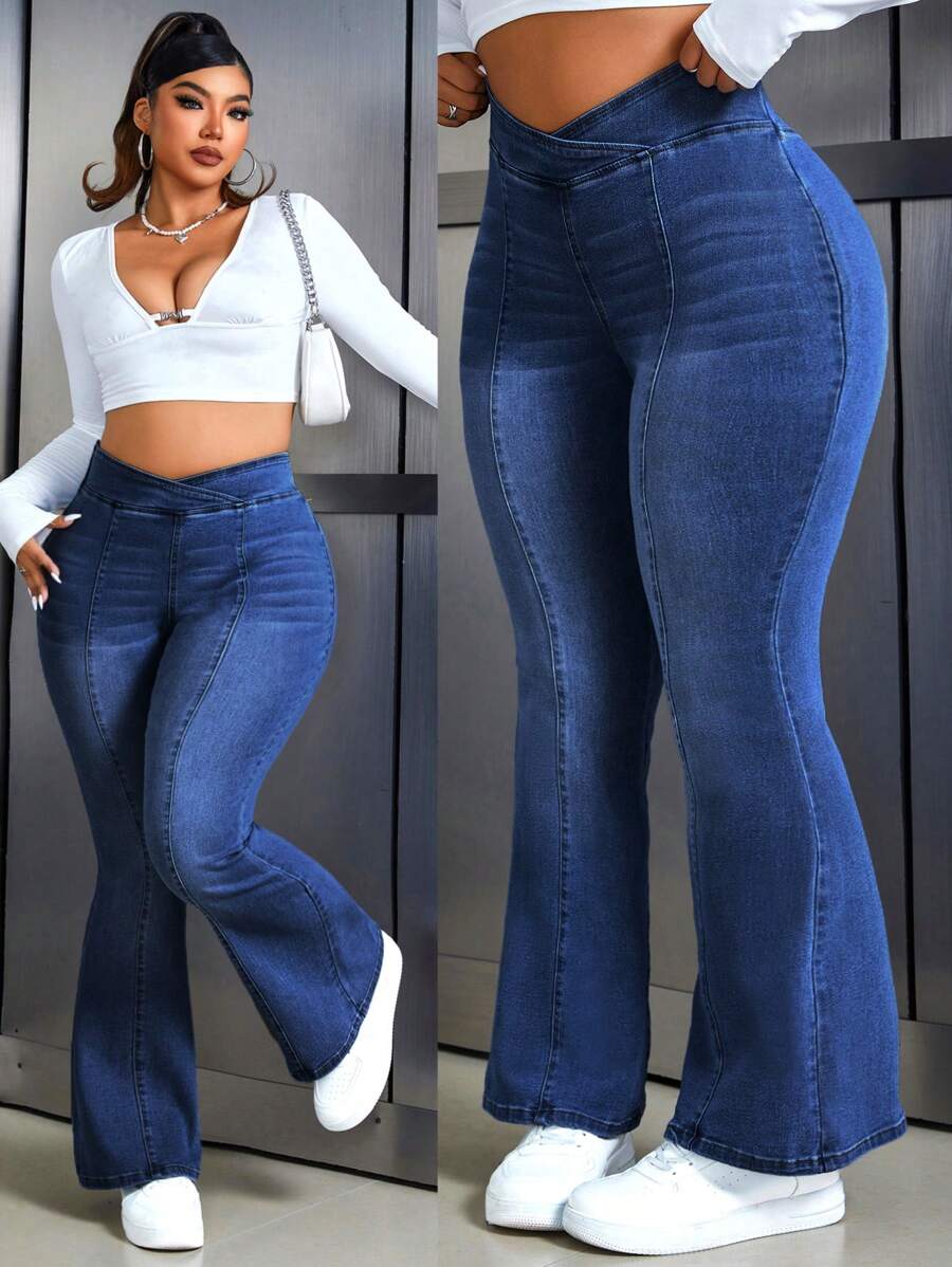 SHEIN EZwear 大码休闲牛仔裤，简约时尚，适合日常穿着 - 深色水洗藍 - 查看 1