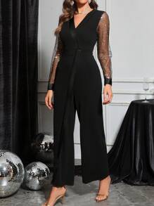 SHEIN Clasi 女士金色亮片装饰 V 领长袖连体裤，金色连衣裙 - 黑色 - 查看 5