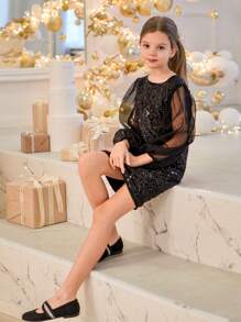 SHEIN Elladie kids Tween Girls 优雅亮片薄纱长袖连衣裙，适合秋季、春季和冬季通勤和聚会，黑色连衣裙，派对连衣裙 - 黑色 - 查看 2