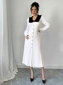 Chiquease Nuevo vestido de punto con mangas abullonadas, ajustado y de longitud media, con volantes y bloques de color, para damas - Blanco - Ver 5