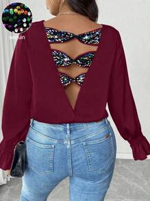 Calvaya Plus Size Women Sequin Patchwork, Bowknot Decor Back, V-Neck Crop Top, Ruffle Sleeve Blouse, Valentine's Day - Burgundy - View 5