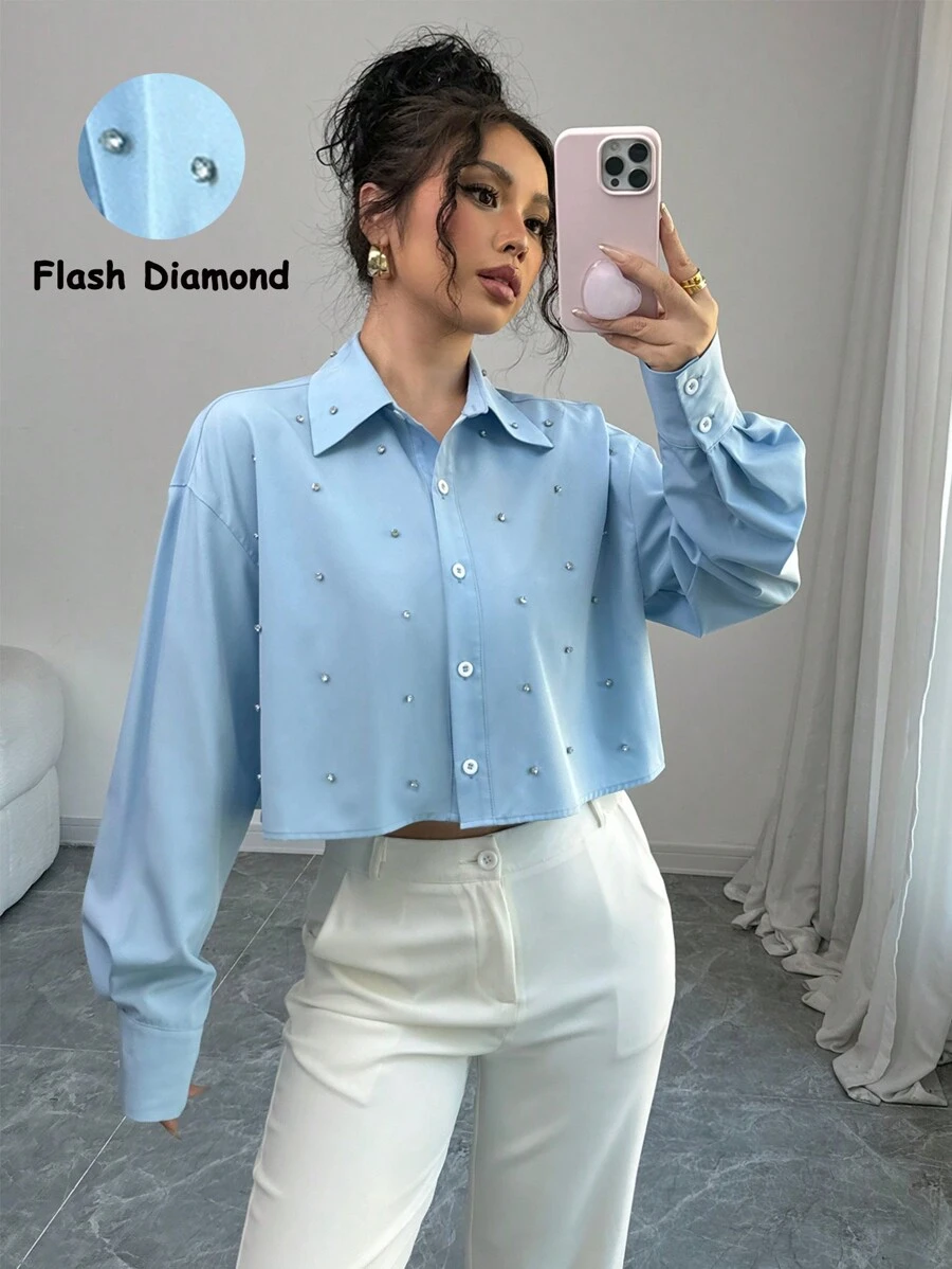 Elenzga Long Sleeve Shirt With Decorated Collar Design - Blue - View 1