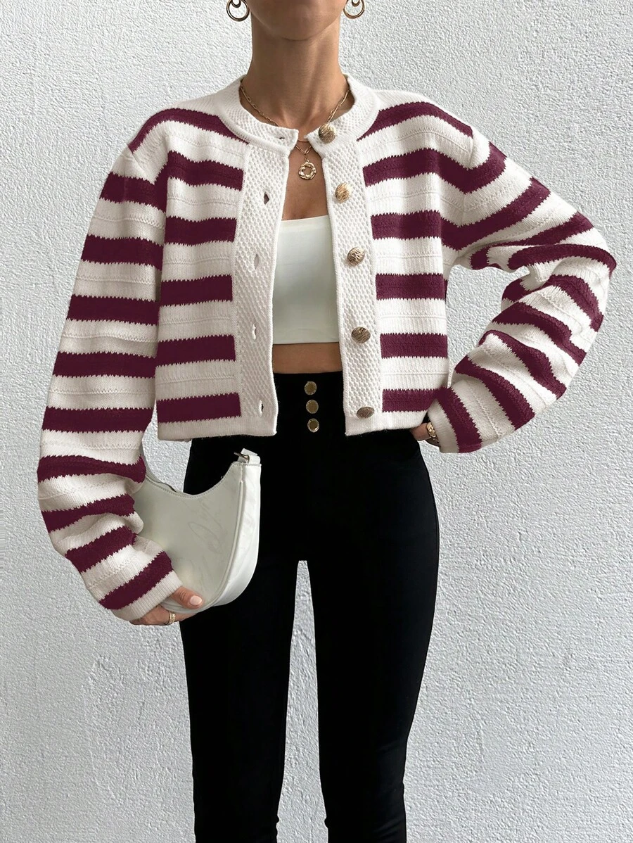 EURMUSE Women Front Button Long Sleeve Striped Minimalist Casual Top, Daily Wear - Burgundy - View 1