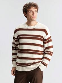 Ontre Men's Spring New Striped Crew Neck Loose Long Sleeve Casual Sweater, Fashion Simple For Valentine's Day, Holiday, New Year Party, Daily, Travel, Commute