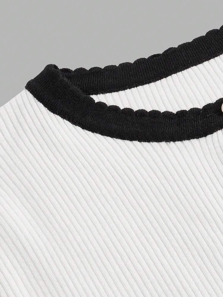 SHEIN Maija Women's Contrast Color Knit Blouse, Comfortable Fitted Casual Office Wear, Modern Elegant Design, Long Sleeve, Suitable For All Seasons Festival