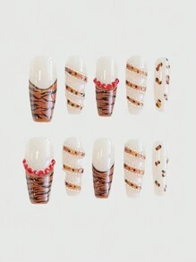 ROMWE 10pcs High Quality Punk Style Leopard Print Handmade False Nails + 3 Sheets Double-Sided Adhesive, Y2K Gothic Chain Leopard Nail Arts, Removable & Reusable, Suitable For Festivals, Parties, Dancing & Daily Wear, Halloween