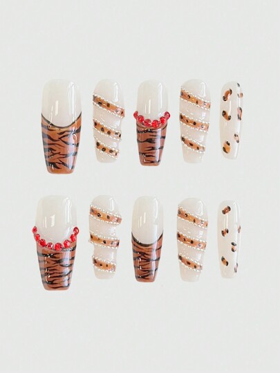 10pcs High Quality Punk Style Leopard Print Handmade False Nails + 3 Sheets Double-Sided Adhesive, Y2K Gothic Chain Leopard Nail Arts, Removable & Reusable, Suitable For Festivals, Parties, Dancing & Daily Wear, Halloween