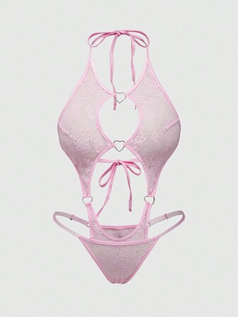 Kawaii Plus Size Romantic Valentine's Day Lace Heart Metal Halter Teddy Lingerie