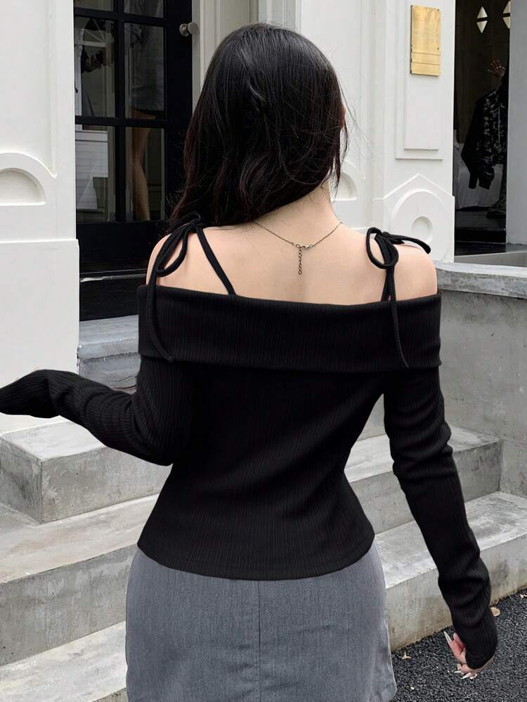 Women's Off Shoulder Tie Front T-Shirt, Black, Spring/Summer,Fall Clothes Long Sleeve