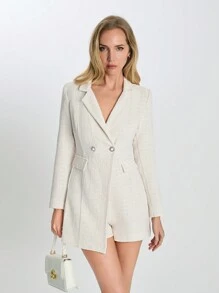 RueChic Urban Style Tweed Double-Breasted Long Sleeve Women's Romper - Champagne - View 4