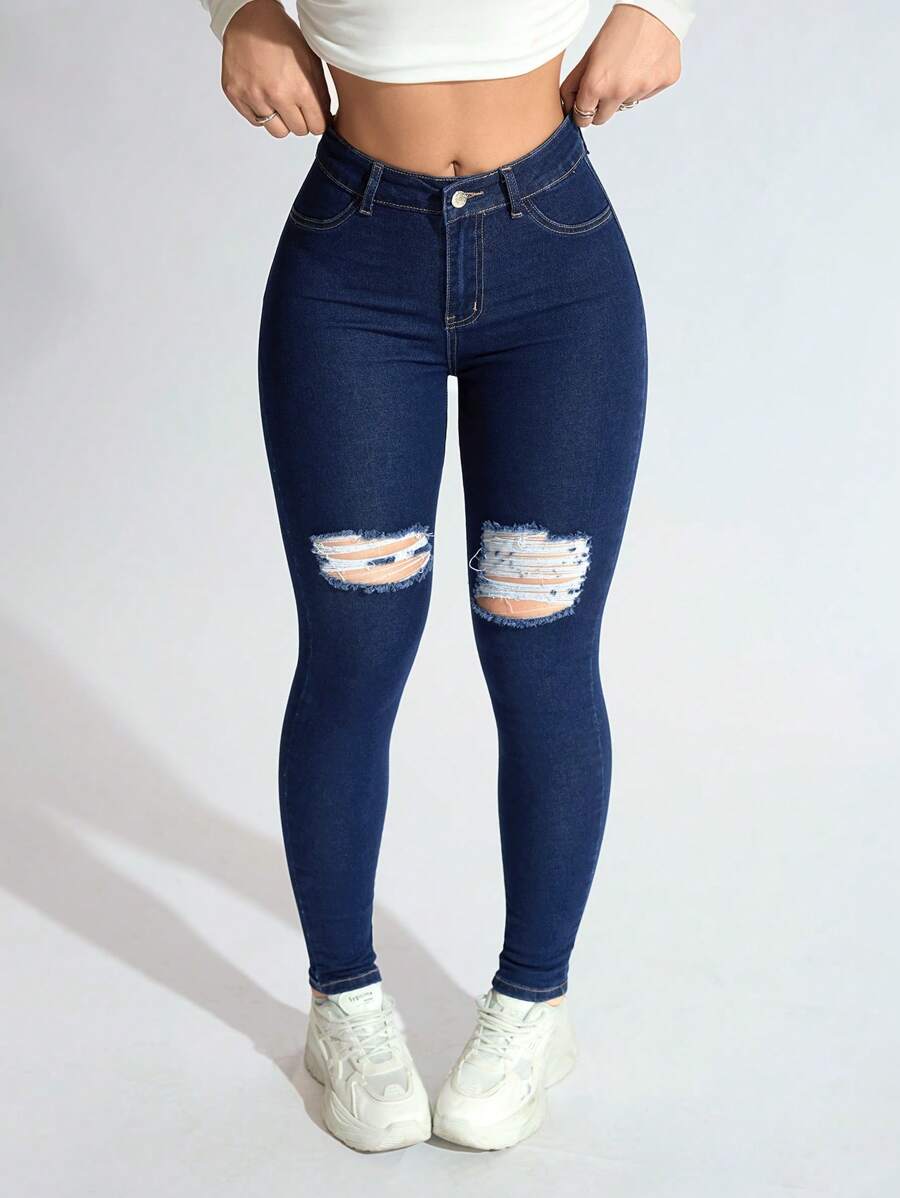 SHEIN ICON 女式口袋破洞紧身休闲百搭牛仔裤 - 深色水洗藍 - 查看 1