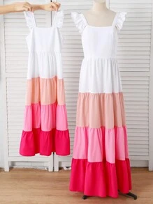SHEIN 1 pièce Robe décontractée pour filles en patchwork, assortiment de quatre couleurs, design bicolore, tissu extensible, convient pour les activités quotidiennes, les rassemblements, les usages intérieurs et extérieurs