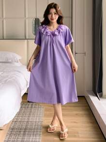 DAZY Femei culoare solidă mânecă scurtă casual lejer guler cu volane rochie de somn pijama