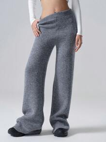 LYSMO 女士纯色松紧腰直筒宽松休闲针织裤 - 灰色 - 查看 3