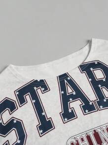 SHEIN EZwear Women's Oversized Letter & Star Print Drop Shoulder Long Sleeve Casual T-Shirt
