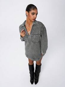 SHEIN ICON 女士休闲做旧洗水牛仔连衣裙 - 深灰色 - 查看 5