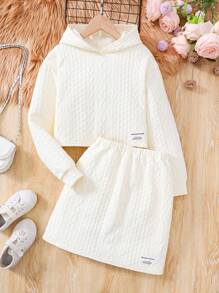 SHEIN 青少年女孩纹理针织连帽衫和 A 字裙休闲装