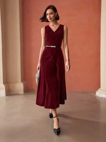 MOTF PREMIUM V-NECK FLARE HEM LONG DRESS WITHOUT BELT - Red - View 3