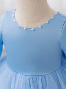 SHEIN Glamorique Kids White Christmas Princess Dress For Girls, Satin & Mesh Patchwork Long Sleeve V-Neck Pearl Decor Bowknot Back Ball Gown, Suitable For Parties, Autumn/Winter - Blue - View 6