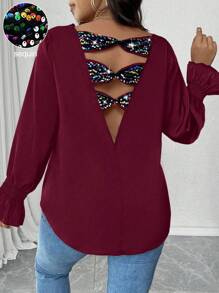 Calvaya Plus Size Women Sequin Patchwork, Bowknot Decor Back, V-Neck Crop Top, Ruffle Sleeve Blouse, Valentine's Day - Burgundy - View 2