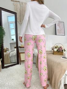 Women Avocado Pattern Print Long Sleeve Loungewear Set, Includes Blouse & Pants