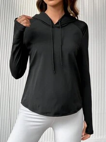 SHEIN Maternity Solid Color Long Sleeve Drawstring Hoodie Sweatshirt - Black - View 3