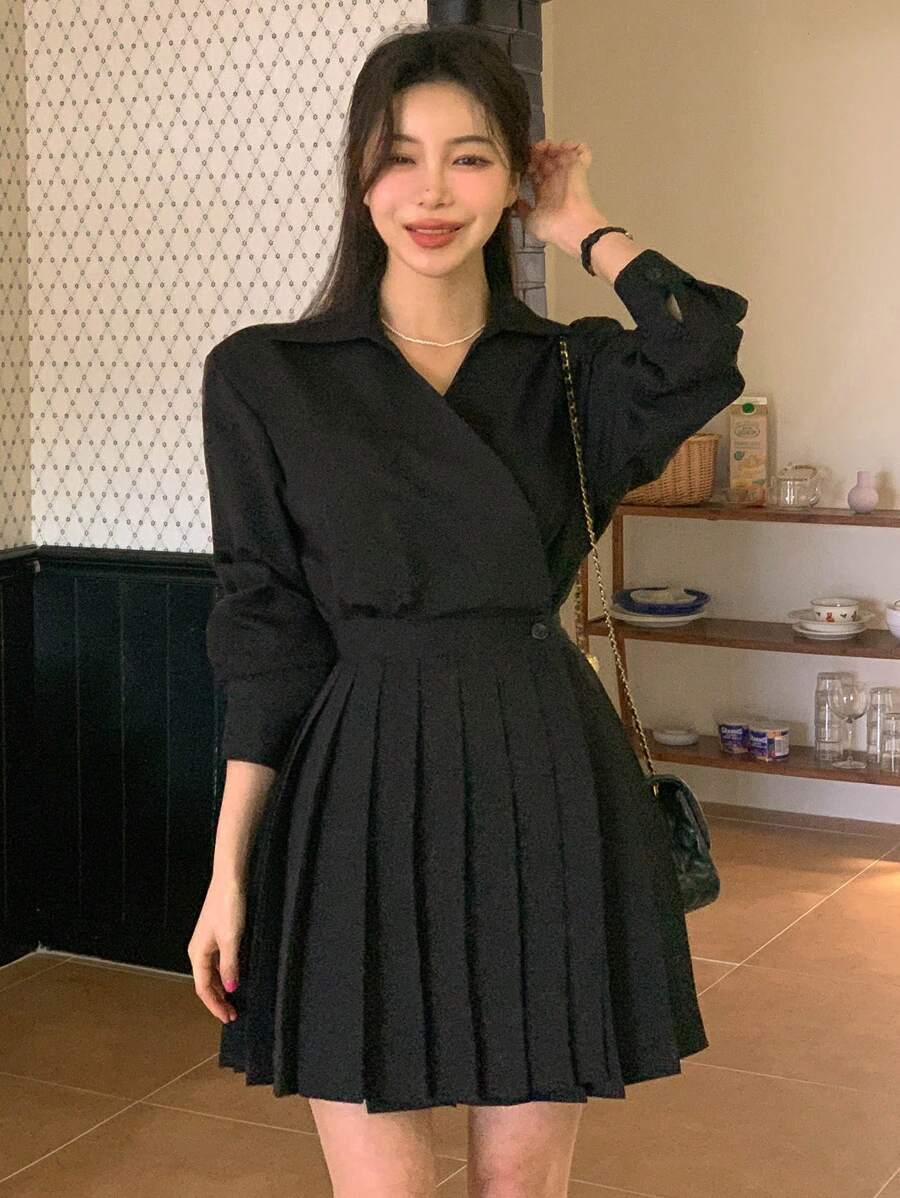 DAZY 女士长袖高腰褶皱短款衬衫裙，秋季连衣裙