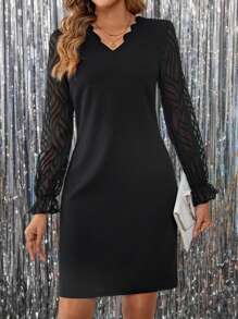 EMERY ROSE Women's Elegant V-Neck Fitted Black Long Sleeve Dress For Work, Autumn