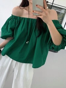 DAZY Women's Solid Color Off Shoulder Oversized Short Sleeve Green Blouse Top, Spring/Summer - Green - View 7