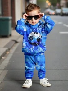 SHEIN Baby Boy Casual Loose Comfortable Soft Knit Sporty Hoodie Sweatshirt & Pants Set With Football Falling Into Net With Blue Sky And White Cloud Print