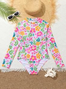 Tween Girl Floral Print Zipper Front Long Sleeve One-Piece Swimsuit, Assorted Print - Multicolor - View 3