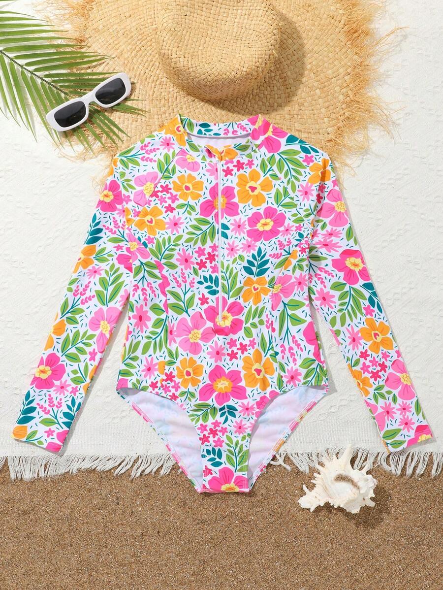 Tween Girl Floral Print Zipper Front Long Sleeve One-Piece Swimsuit, Assorted Print - Multicolor - View 1