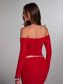 SHEIN BAE Blus Wanita Warna Polos Lengan Panjang Tanpa Bahu dengan Detail Lipatan di Bagian Depan, Model Pas Badan, Modis - Merah - View 3